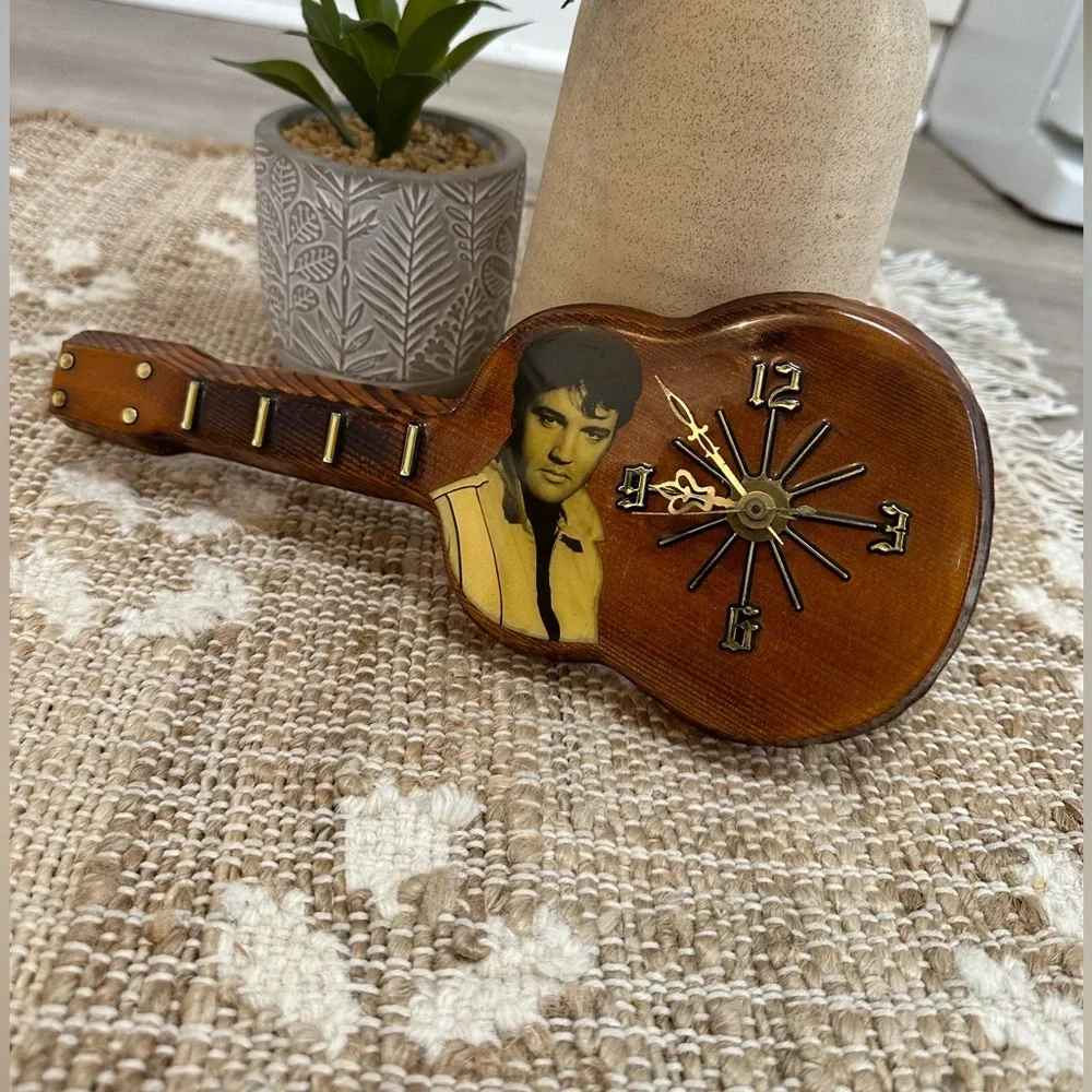 Vintage Elvis Presley Lacquered Wood Working Guitar Shaped Wall Clock